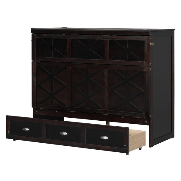 English Elm Full Size Murphy Bed Cabinet with Storage Drawers USB Ports and Panel Front Design Espresso N708S00001P-1