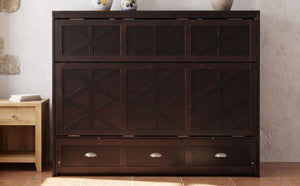 English Elm Full Size Murphy Bed Cabinet with Storage Drawers USB Ports and Panel Front Design Espresso N708S00001P-1