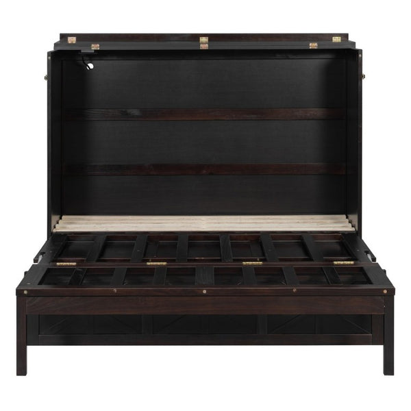 English Elm Full Size Murphy Bed Cabinet with Storage Drawers USB Ports and Panel Front Design Espresso N708S00001P-1