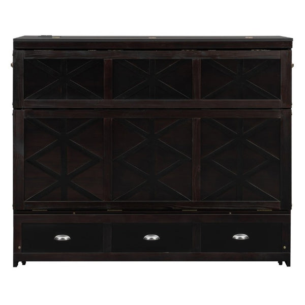 English Elm Full Size Murphy Bed Cabinet with Storage Drawers USB Ports and Panel Front Design Espresso N708S00001P-1