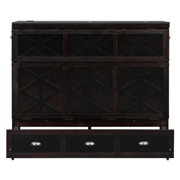 English Elm Full Size Murphy Bed Cabinet with Storage Drawers USB Ports and Panel Front Design Espresso N708S00001P-1
