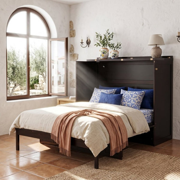 English Elm Full Size Murphy Bed Cabinet with Storage Drawers USB Ports and Panel Front Design Espresso N708S00001P-1