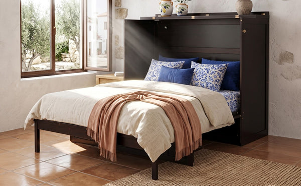 English Elm Full Size Murphy Bed Cabinet with Storage Drawers USB Ports and Panel Front Design Espresso N708S00001P-1