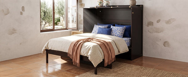 English Elm Full Size Murphy Bed Cabinet with Storage Drawers USB Ports and Panel Front Design Espresso N708S00001P-1