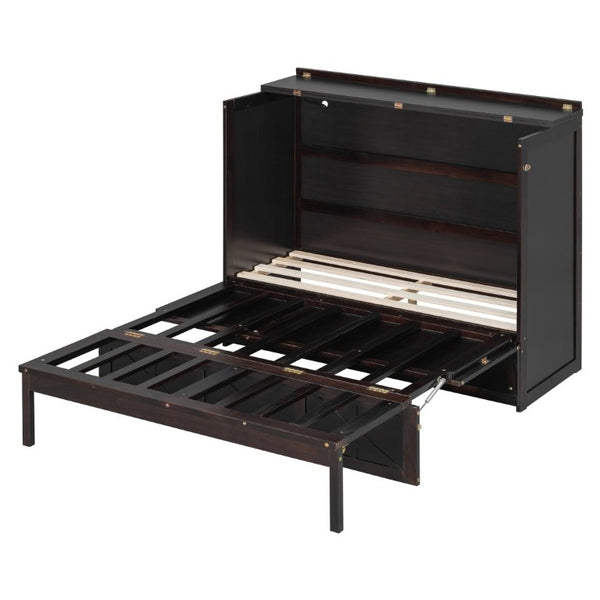 English Elm Full Size Murphy Bed Cabinet with Storage Drawers USB Ports and Panel Front Design Espresso N708S00001P-1