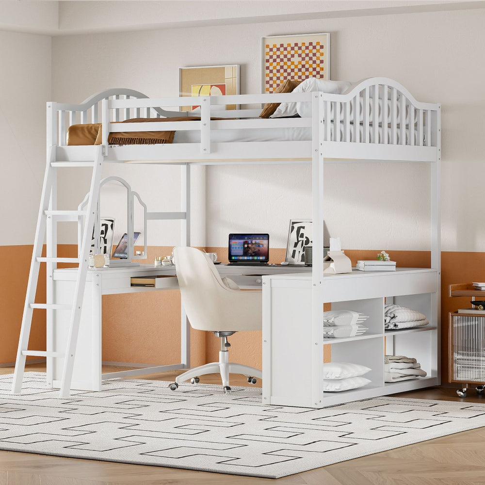 English Elm Full Wood Loft Bed with U-shaped Desk Built-in Storage and Tri-fold Vanity Mirror N708S00008K-1