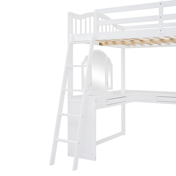 English Elm Full Wood Loft Bed with U-shaped Desk Built-in Storage and Tri-fold Vanity Mirror N708S00008K-1