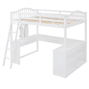 English Elm Full Wood Loft Bed with U-shaped Desk Built-in Storage and Tri-fold Vanity Mirror N708S00008K-1