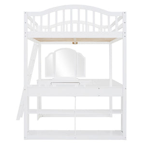English Elm Full Wood Loft Bed with U-shaped Desk Built-in Storage and Tri-fold Vanity Mirror N708S00008K-1