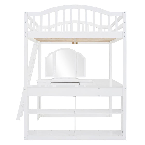 English Elm Full Wood Loft Bed with U-shaped Desk Built-in Storage and Tri-fold Vanity Mirror N708S00008K-1