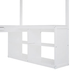 English Elm Full Wood Loft Bed with U-shaped Desk Built-in Storage and Tri-fold Vanity Mirror N708S00008K-1