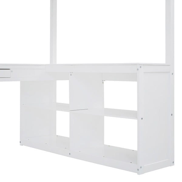 English Elm Full Wood Loft Bed with U-shaped Desk Built-in Storage and Tri-fold Vanity Mirror N708S00008K-1