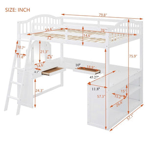 English Elm Full Wood Loft Bed with U-shaped Desk Built-in Storage and Tri-fold Vanity Mirror N708S00008K-1