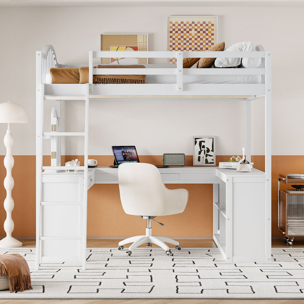 English Elm Full Wood Loft Bed with U-shaped Desk Built-in Storage and Tri-fold Vanity Mirror N708S00008K-1