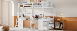 English Elm Full Wood Loft Bed with U-shaped Desk Built-in Storage and Tri-fold Vanity Mirror N708S00008K-1