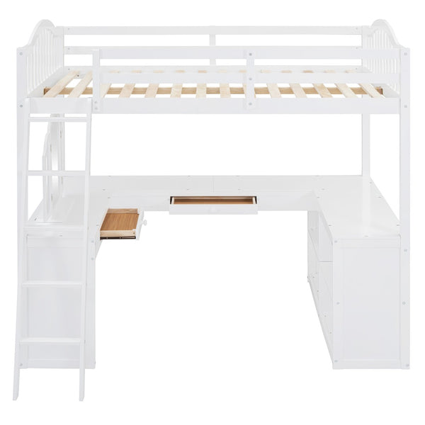 English Elm Full Wood Loft Bed with U-shaped Desk Built-in Storage and Tri-fold Vanity Mirror N708S00008K-1