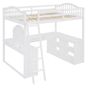 English Elm Full Wood Loft Bed with U-shaped Desk Built-in Storage and Tri-fold Vanity Mirror N708S00008K-1