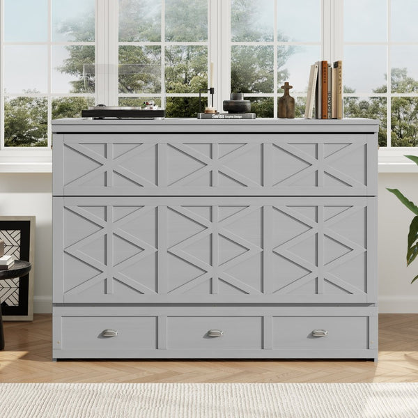 English Elm Queen Murphy Wall Bed Cabinet with Built-in Storage Drawers and Usb Charging Ports Gray N708S10002E