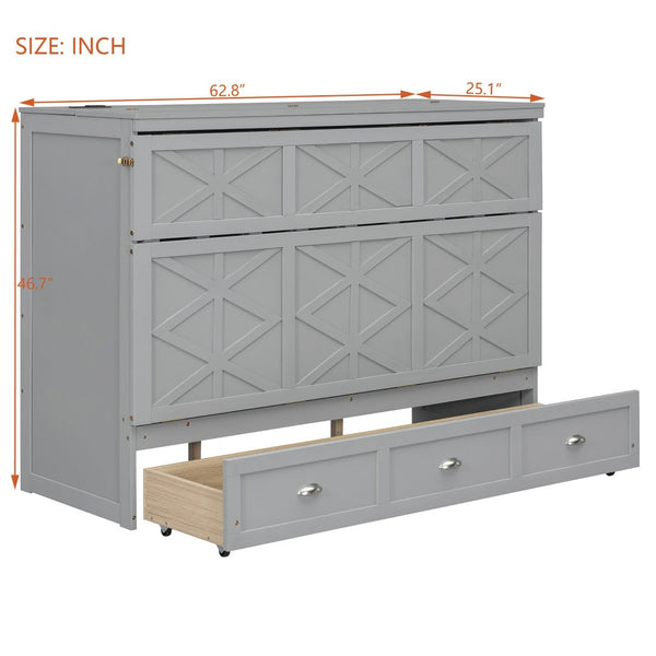 English Elm Queen Murphy Wall Bed Cabinet with Built-in Storage Drawers and Usb Charging Ports Gray N708S10002E