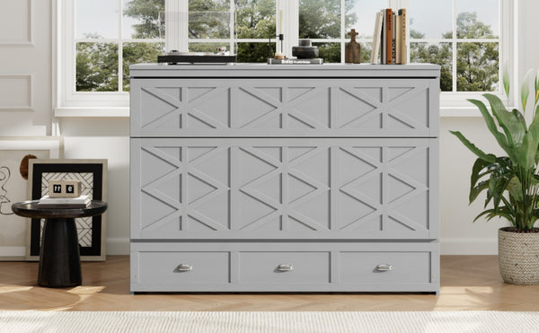 English Elm Queen Murphy Wall Bed Cabinet with Built-in Storage Drawers and Usb Charging Ports Gray N708S10002E