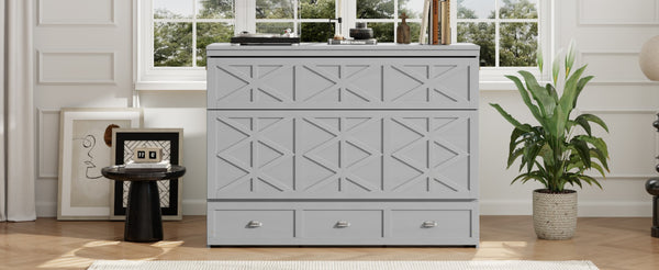 English Elm Queen Murphy Wall Bed Cabinet with Built-in Storage Drawers and Usb Charging Ports Gray N708S10002E