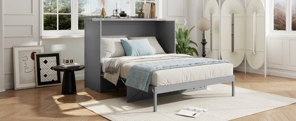 English Elm Queen Murphy Wall Bed Cabinet with Built-in Storage Drawers and Usb Charging Ports Gray N708S10002E