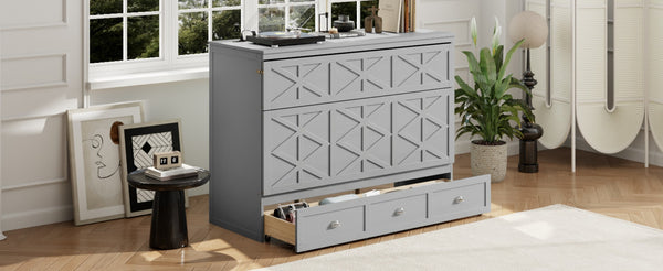 English Elm Queen Murphy Wall Bed Cabinet with Built-in Storage Drawers and Usb Charging Ports Gray N708S10002E