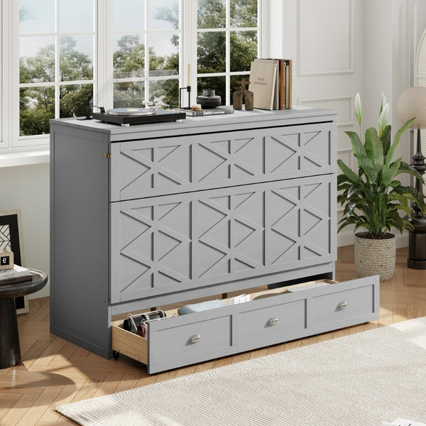 English Elm Queen Murphy Wall Bed Cabinet with Built-in Storage Drawers and Usb Charging Ports Gray N708S10002E