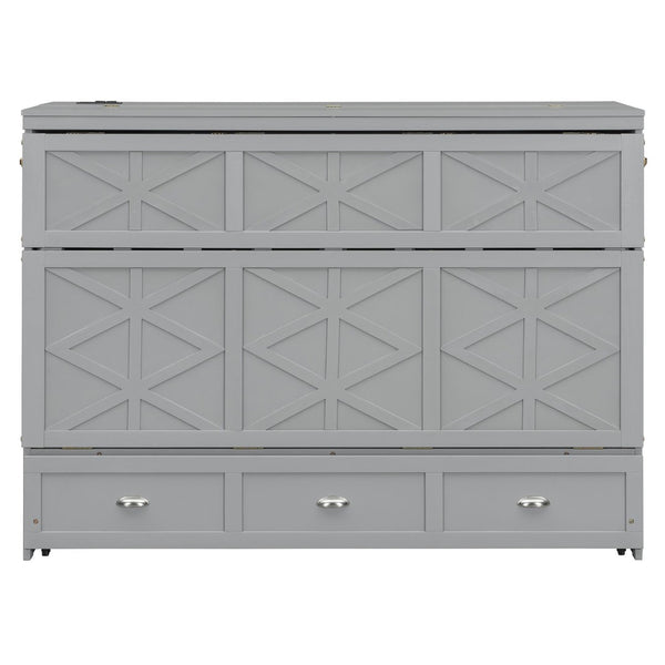 English Elm Queen Murphy Wall Bed Cabinet with Built-in Storage Drawers and Usb Charging Ports Gray N708S10002E