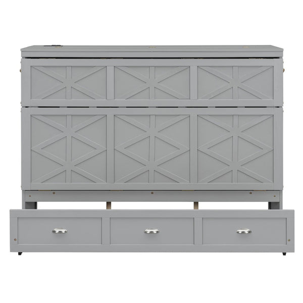 English Elm Queen Murphy Wall Bed Cabinet with Built-in Storage Drawers and Usb Charging Ports Gray N708S10002E