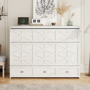 English Elm Queen Murphy Wall Bed Cabinet with Built-in Storage Drawers and Usb Charging Ports White N708S10002K