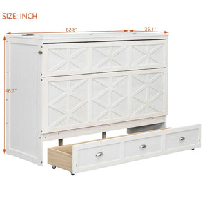 English Elm Queen Murphy Wall Bed Cabinet with Built-in Storage Drawers and Usb Charging Ports White N708S10002K