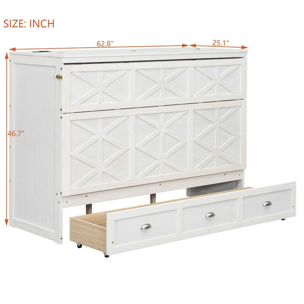 English Elm Queen Murphy Wall Bed Cabinet with Built-in Storage Drawers and Usb Charging Ports White N708S10002K
