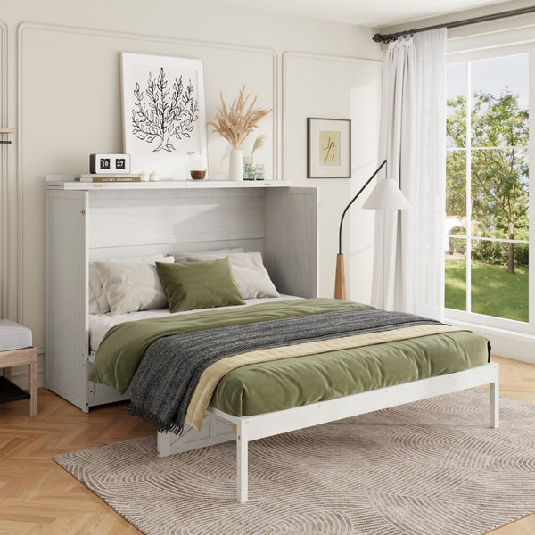 English Elm Queen Murphy Wall Bed Cabinet with Built-in Storage Drawers and Usb Charging Ports White N708S10002K