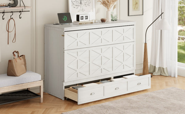 English Elm Queen Murphy Wall Bed Cabinet with Built-in Storage Drawers and Usb Charging Ports White N708S10002K