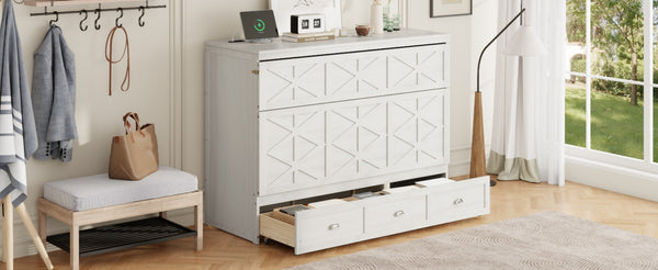 English Elm Queen Murphy Wall Bed Cabinet with Built-in Storage Drawers and Usb Charging Ports White N708S10002K
