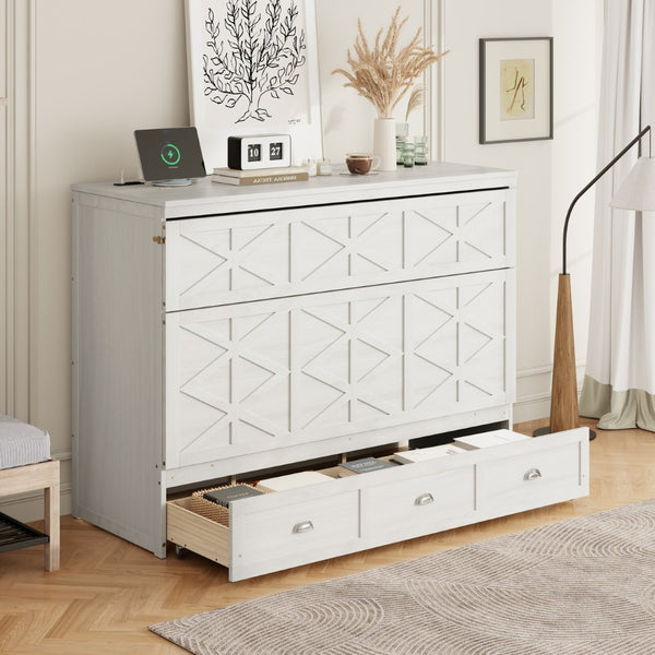 English Elm Queen Murphy Wall Bed Cabinet with Built-in Storage Drawers and Usb Charging Ports White N708S10002K