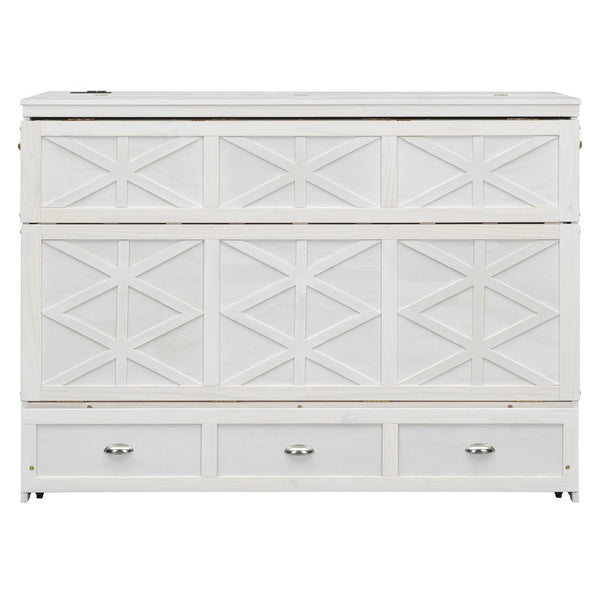 English Elm Queen Murphy Wall Bed Cabinet with Built-in Storage Drawers and Usb Charging Ports White N708S10002K