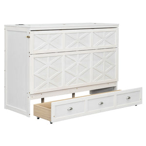 English Elm Queen Murphy Wall Bed Cabinet with Built-in Storage Drawers and Usb Charging Ports White N708S10002K
