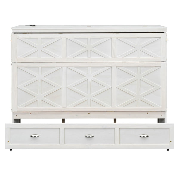 English Elm Queen Murphy Wall Bed Cabinet with Built-in Storage Drawers and Usb Charging Ports White N708S10002K