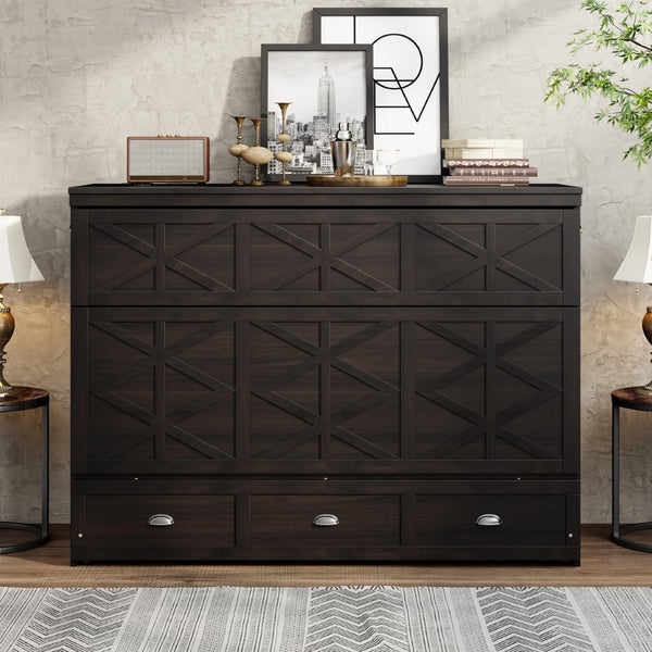 English Elm Queen Murphy Wall Bed Cabinet with Built-in Storage Drawers and Usb Charging Ports Espresso N708S10002P