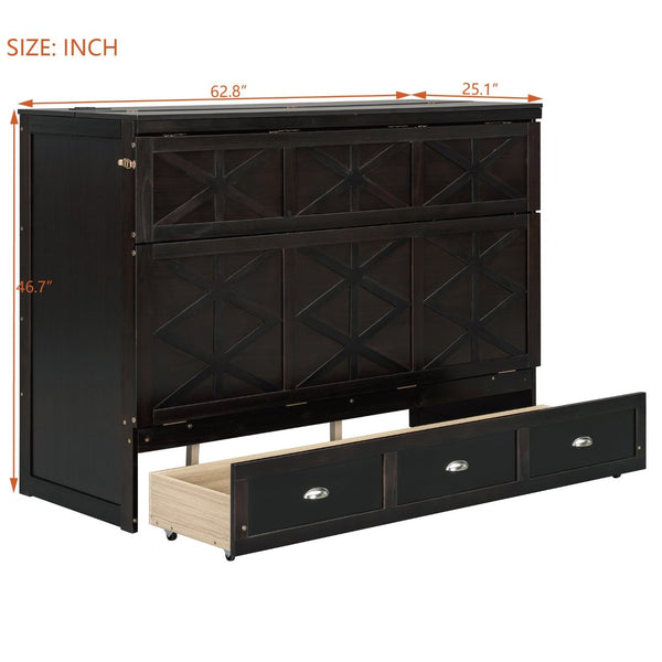 English Elm Queen Murphy Wall Bed Cabinet with Built-in Storage Drawers and Usb Charging Ports Espresso N708S10002P