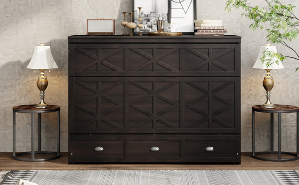 English Elm Queen Murphy Wall Bed Cabinet with Built-in Storage Drawers and Usb Charging Ports Espresso N708S10002P