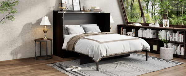 English Elm Queen Murphy Wall Bed Cabinet with Built-in Storage Drawers and Usb Charging Ports Espresso N708S10002P