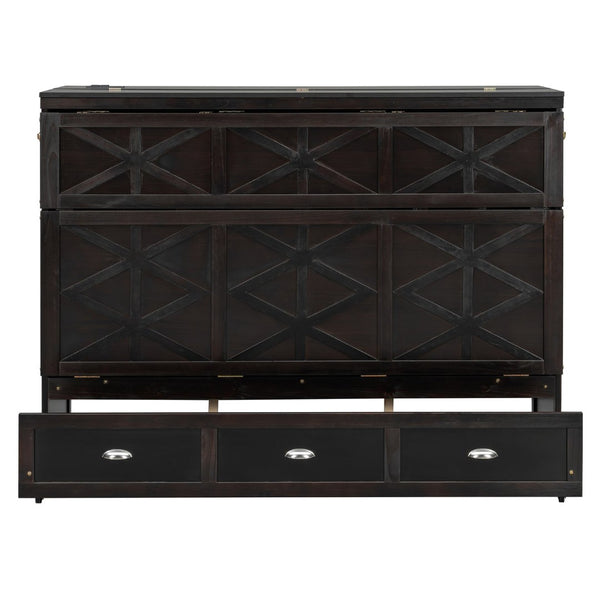 English Elm Queen Murphy Wall Bed Cabinet with Built-in Storage Drawers and Usb Charging Ports Espresso N708S10002P