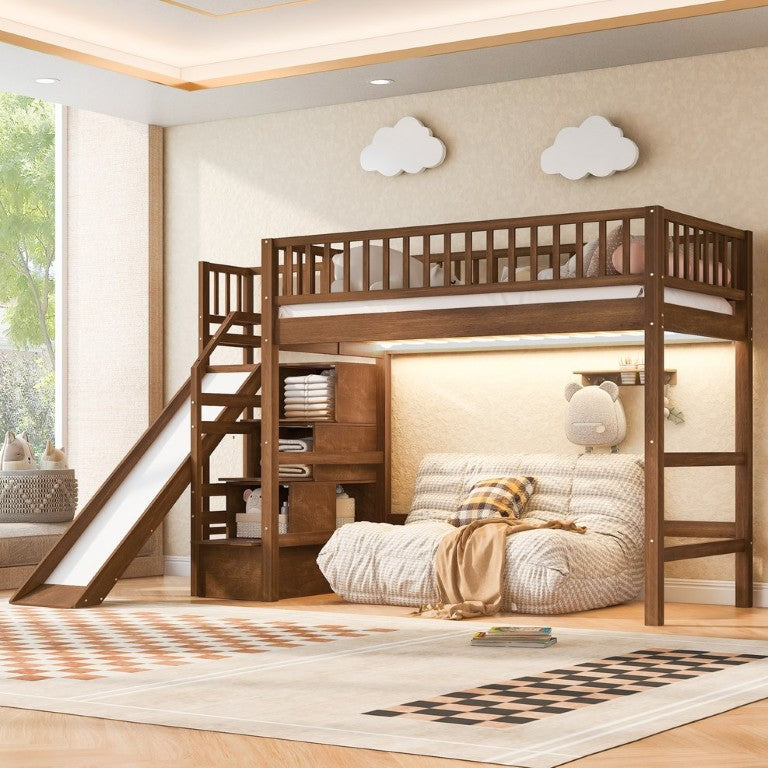 English Elm Twin Loft Bed with Built-In Slide Storage Staircase and LED Lighting for Kids Walnut N7090000480D