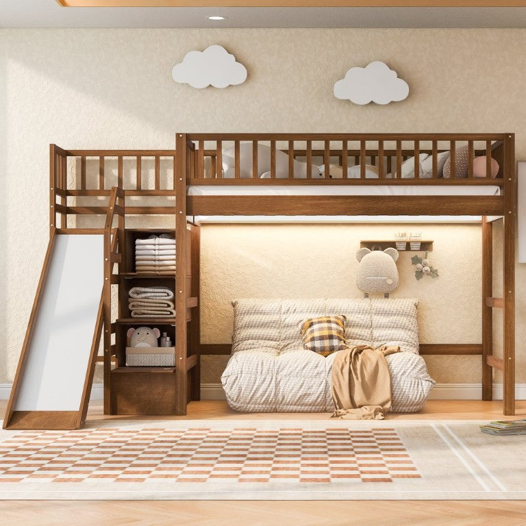 English Elm Twin Loft Bed with Built-In Slide Storage Staircase and LED Lighting for Kids Walnut N7090000480D