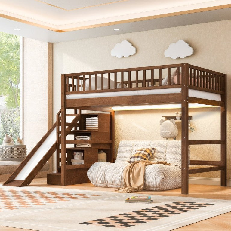 English Elm Full Size Kids Loft Bed with Storage Stairs Removable Slide and LED Lighting Walnut N7090000481D