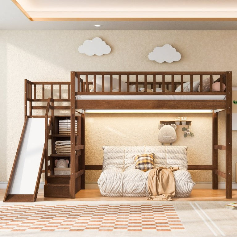 English Elm Full Size Kids Loft Bed with Storage Stairs Removable Slide and LED Lighting Walnut N7090000481D