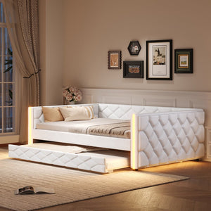 English Elm Full Xl Tufted Pu Leather Daybed with Trundle and App Controlled Led Lighting N7090000611K